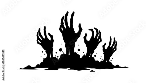 A group of zombie hands rising from the ground in a spooky scene