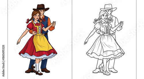 Bavarian Couple in Traditional Lederhosen and Dirndl Color and Black White Sketch Set