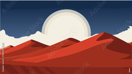 Digital art of a desert landscape with vibrant red sand dunes under a bright sun