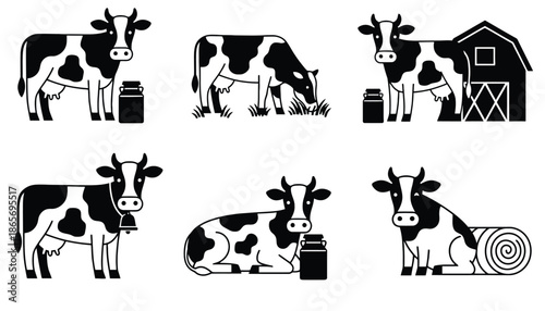 A set of black and white cow illustrations in various farm scenes