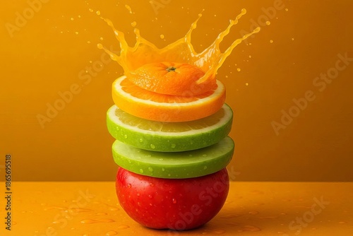 Slices of oranges, lemons, green apples, and red apples are stacked on top of each other, with orange juice splashing on them.