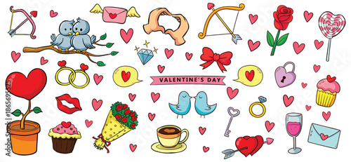Big set for Valentine’s Day — cute love illustrations and lettering. February 14 elements, all isolated. Hand-drawn vector design
