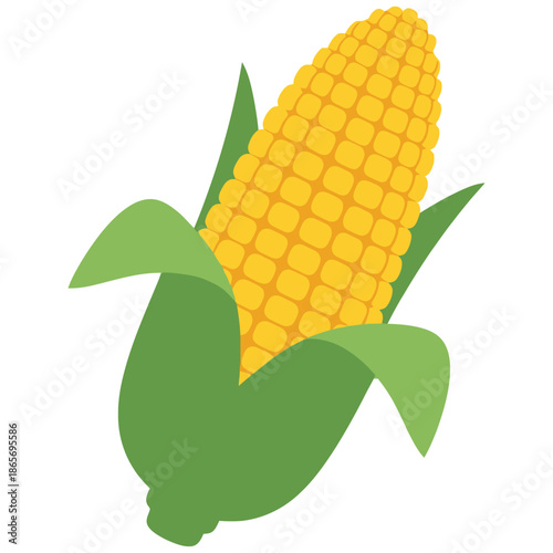 A vibrant illustration of an ear of corn with green leaves on a white background