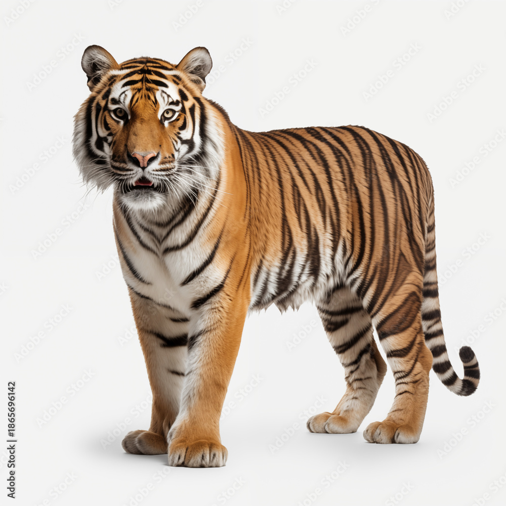 Obraz premium Majestic Bengal Tiger Isolated on White Background. Full Body Studio Portrait of a Powerful Wild Animal.