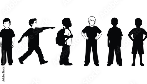 A group of seven boys in different poses on a white background