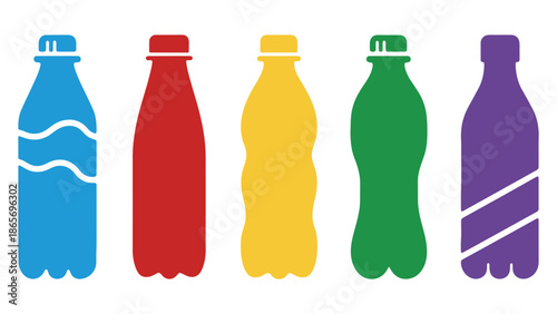 A colorful illustration of five plastic bottles in different colors