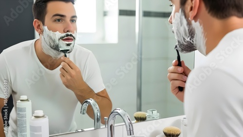 Man shaving face with razor in bathroom mirror reflection.