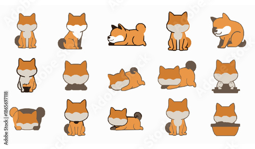 Cute Shiba Inu dog vector illustration set with sitting playing sleeping and eating poses