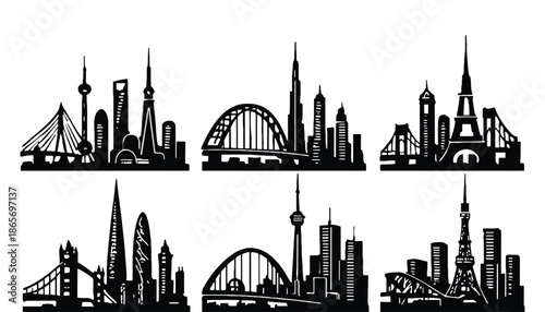 A set of modern city skylines with iconic architecture in black silhouette
