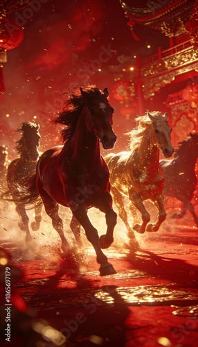 Chinese new year 2026 horse gallop celebration under red lantern with golden dust shimmer energy and dynamic motion in festive temple scene fantasy art style illustration