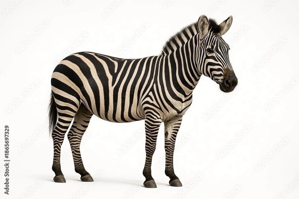 Obraz premium A zebra stands against a white background, its distinctive black and white stripes clearly visible.