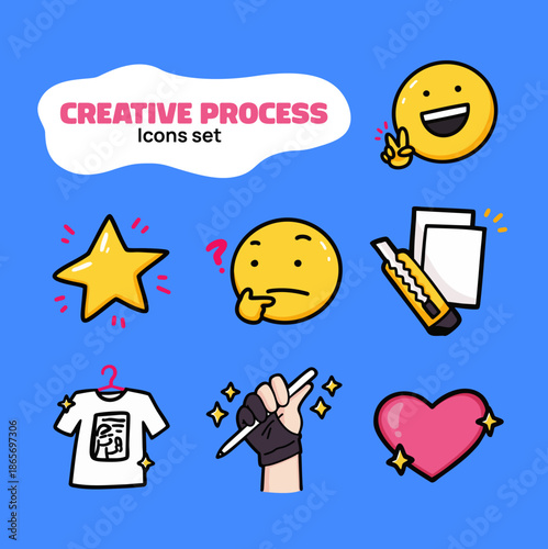 Icon set representing the creative process of a freelance artist or small business. Includes T-shirt design, illustration tools, and expressive emojis related to art, creativity, and design work.