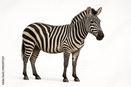 A zebra stands against a white background, its distinctive black and white stripes clearly visible.