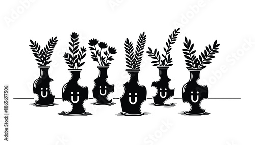 A black and white illustration of six vases with plants and smiley faces