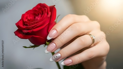 Womans hand with manicured nails holding a red rose romantically.