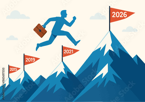 Navigating the Peaks of Progress: An determined silhouette of an person leaps towards the highest goal of 2026. This dynamic visual encapsulates the spirit of ambition.