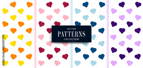 Seamless vector pattern collection featuring a variety of colorful scattered heart shapes on white backgrounds.