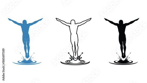 Three stylized figures of a diver entering water with splashes.