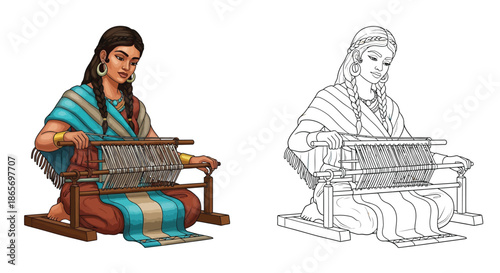 Traditional Woman Weaver Using Wooden Loom Coloring Page Cultural Textile Art Illustration