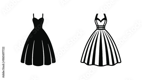 Two elegant dresses are displayed side by side on a white background.