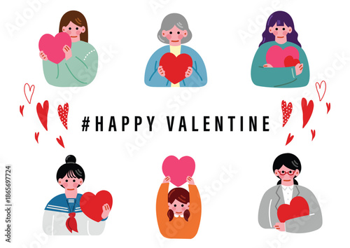 ハートを抱える女性のイラストセット