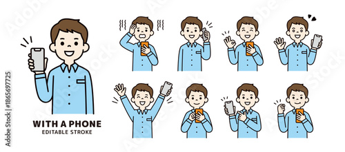 スマートフォンを持つ20代・30代の男性の様々な表情・ポーズセット＿ベクターイラスト素材＿カラー