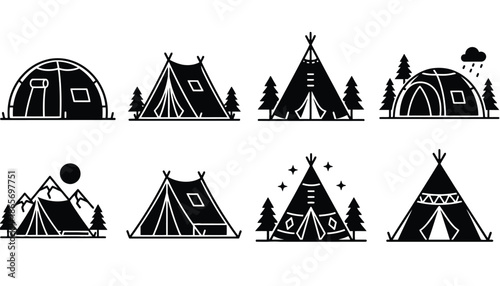 A collection of black and white illustrations of tents and camping gear