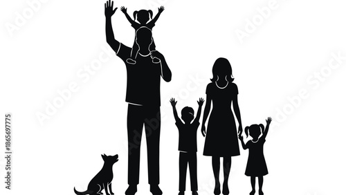 A silhouette of a family with two children and a dog waving.