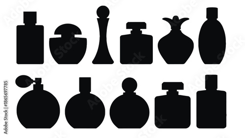 A collection of silhouette perfume bottles are displayed against a white background.