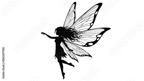 A silhouette of a fairy with large butterfly wings is depicted in flight.