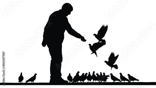 A person feeds a flock of pigeons in silhouette against a white background.