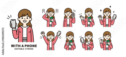 スマートフォンを持つ20代・30代の女性の様々な表情・ポーズセット＿ベクターイラスト素材＿カラー