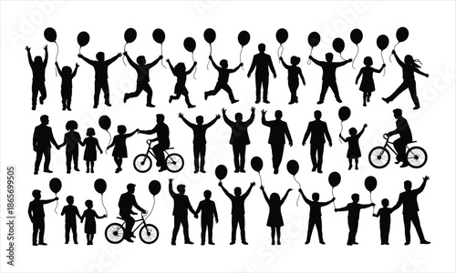 Diverse group of happy people silhouettes celebrating with balloons and enjoying outdoor activities