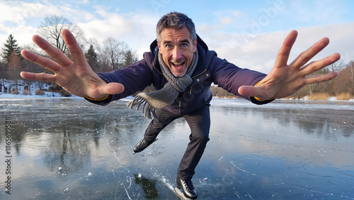 Elderly man skating joyfully on frozen lake wearing a scarf