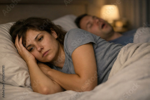 Concerned woman lying awake in bed while her partner snores beside her in a dimly lit room