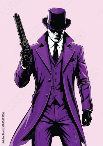 059-02-Stylish man wearing fedora and long purple coat holding a pistol