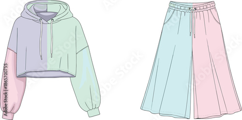 Pastel outfit, cropped hoodie, wide-leg pants, fashion, garment, apparel, vector, pose, flavector, minimal, technical, flat, color-block, asymmetrical, drawstring, elastic waist, side pocket, sketch, 