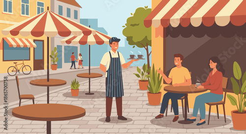 Outdoor Café Waiter
A flat vector illustration of a waiter serving customers at an outdoor café. Tables, umbrellas, and street elements appear in the background
