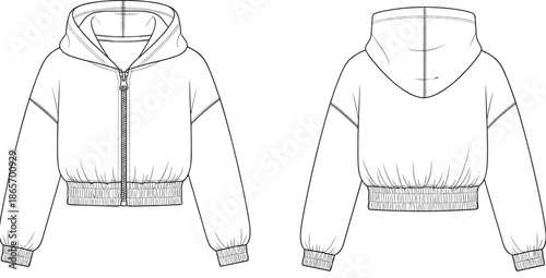 Cropped hooded jacket, technical flat, front view, back view, fashion, garment, apparel, vector, sketch, template, zipper, drawstring, cuff, hem, seam detail, construction,  