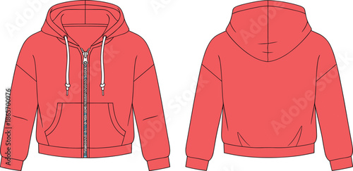 Red hoodie, zip-up sweatshirt, technical flat, front view, back view, fashion, garment, apparel, vector, pose, flavector, minimal, drawstring, kangaroo pocket,  