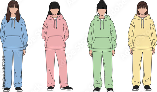 Tracksuit color set, hoodie, sweatpants, fashion, garment, apparel, vector, pose, flavector, minimal, technical, flat, casual, outfit, sneaker, blue, pink, green, yellow, cad drawing flat vector