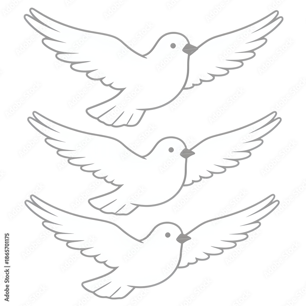 Obraz premium Three flying doves in white with wings spread.