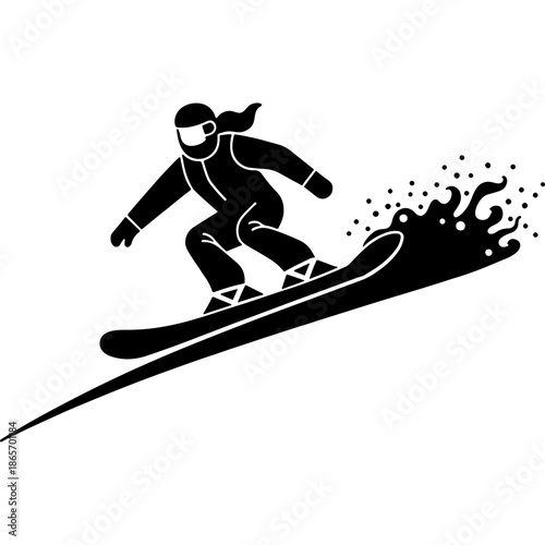 Girl athlete rushes down a snowy slope on a snowboard. Engraving minimalistic vector in black ink drawing on transparent background
