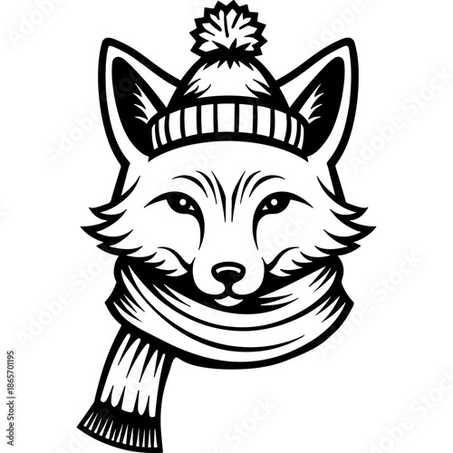 Portrait of arctic fox dressed in warm scarf and hat, winter clothes. Engraving minimalistic vector in black ink drawing on transparent background