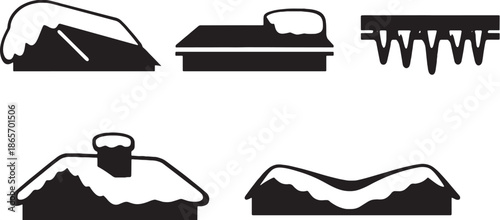 Winter Frozen Roofs and Snow Load Silhouette Icons Set eps
