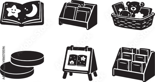 Preschool Daily Routine Objects Silhouette Icon Set eps