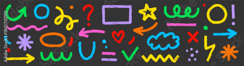 Brush stroke line abstract graphic shapes texture drawn paint set. Hand drawn sketch doodle scribble brush geometric kid color shape crayon. Abstract arrow, circle, zigzag vector illustration