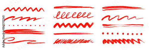 Red underline brush strokes and pencil marks emphasis element set. Textured chalk pencil marks, crayon scribbles, red color lines. Crayon texture brush stroke highlight shapes. Vector illustration