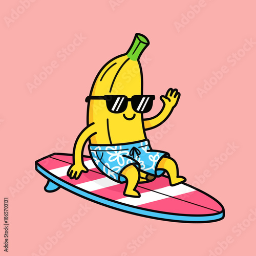 Cute cartoon banana surfing on a board with sunglasses and swim shorts, fun summer illustration style, playful tropical character perfect for stickers, kids designs, beach themes, and cheerful brandin