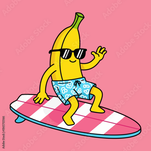 Cute cartoon banana surfing on a board with sunglasses and swim shorts, fun summer illustration style, playful tropical character perfect for stickers, kids designs, beach themes, and cheerful brandin